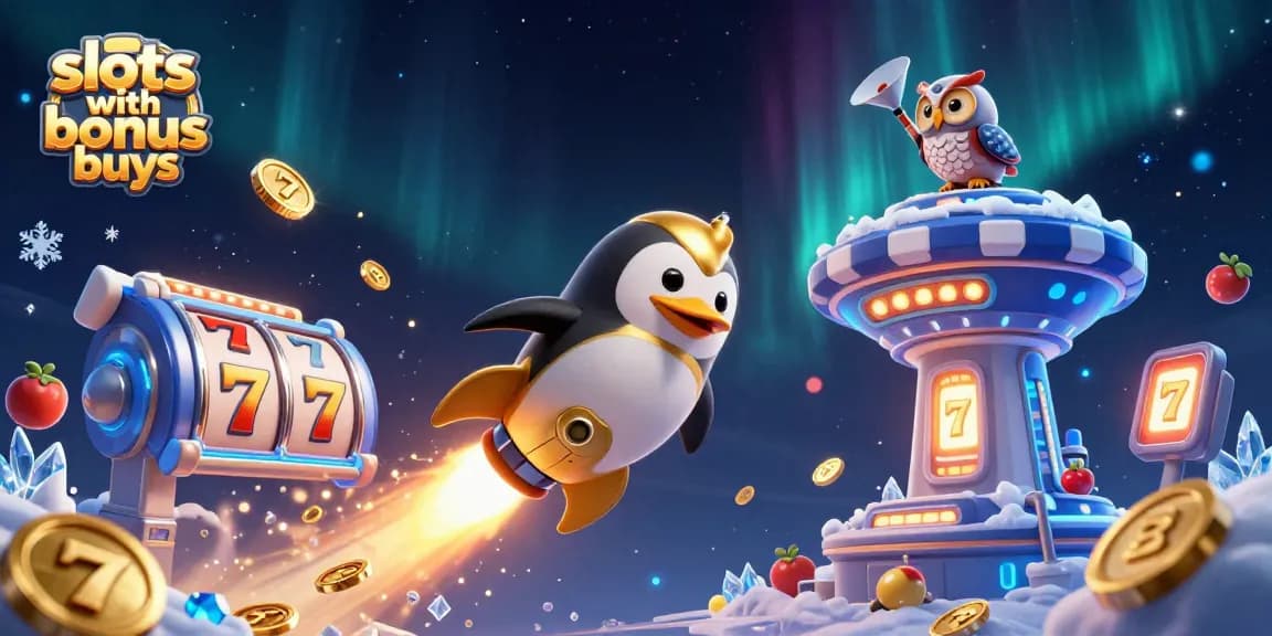 Experience thrilling action with slots with bonus buys in a vibrant 3D casino scene.