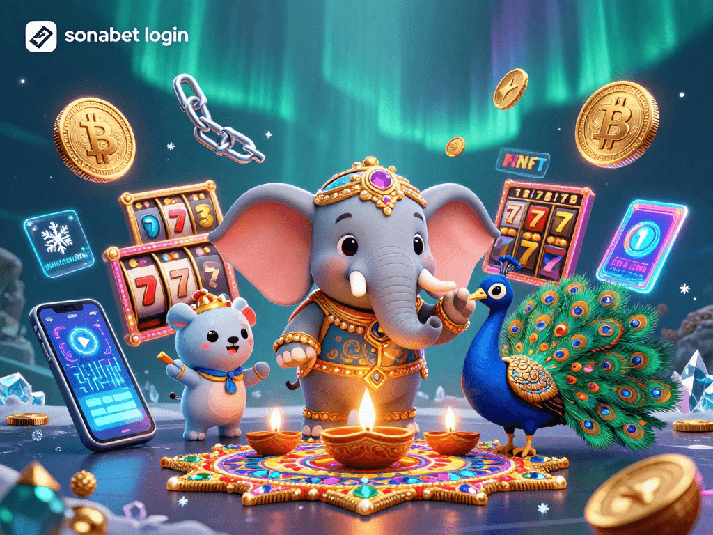 Engage with the sonabet login scene featuring a vibrant elephant and peacock amidst casino elements.