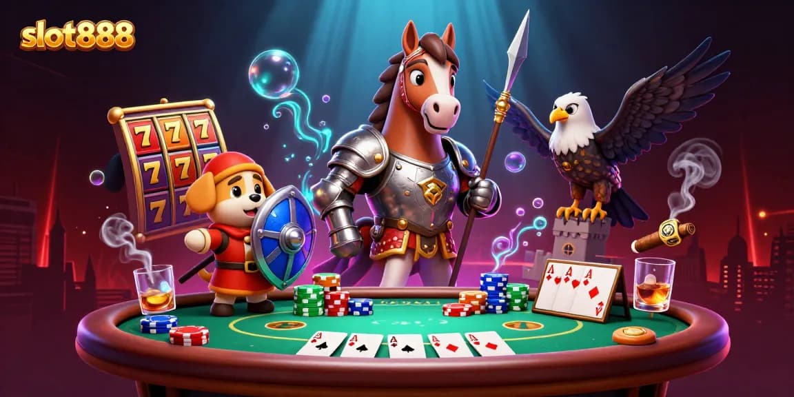 Experience excitement with slot888 in this dynamic casino-themed 3D scene, showcasing slot reels and game elements.