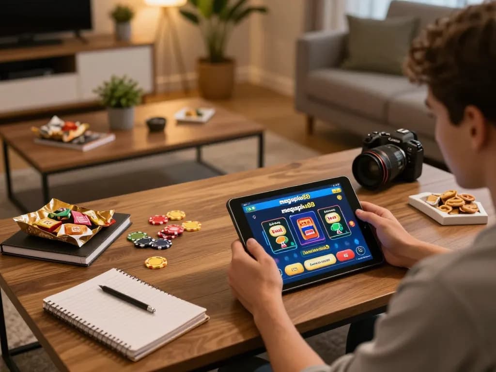 Engaging with megaplus88 online casino on a cozy tablet setup, showcasing strategic betting environment