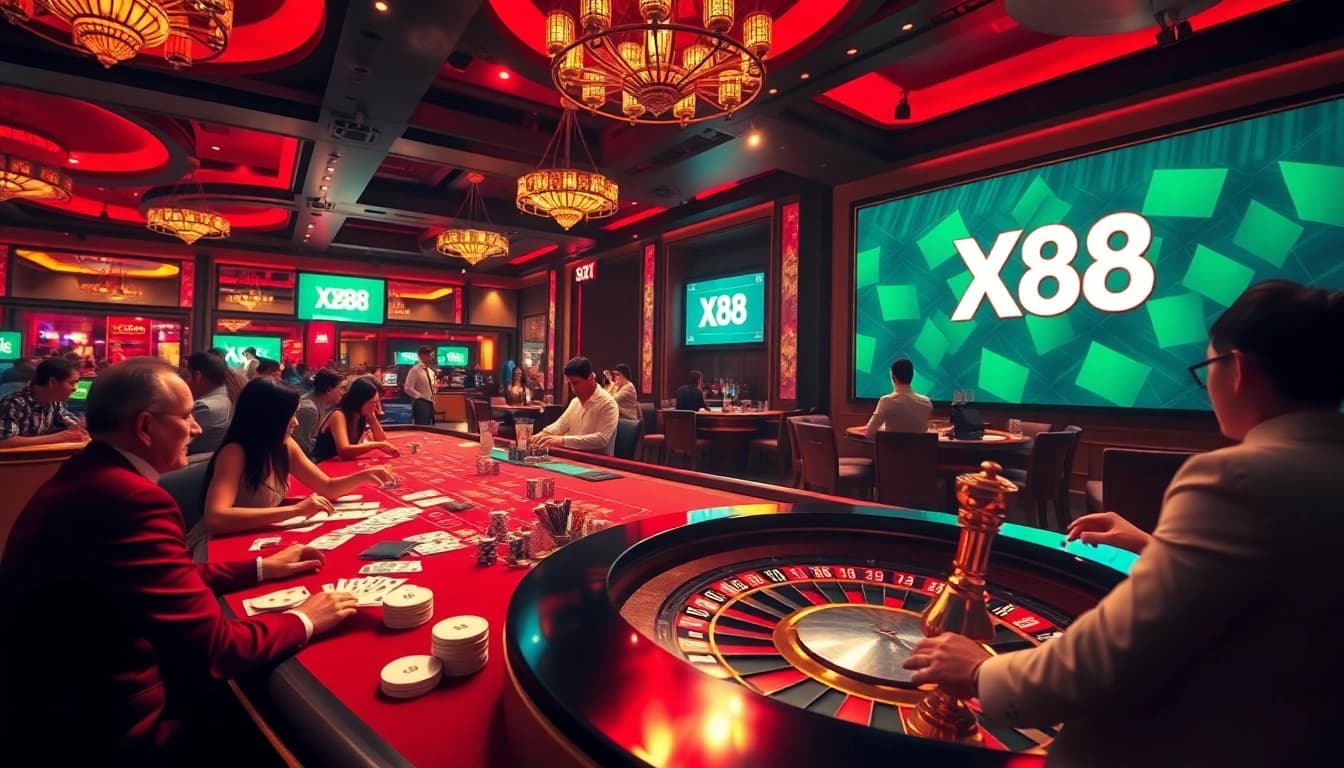 Players enjoying high-stakes poker at XX88 casino table under luxurious lighting
