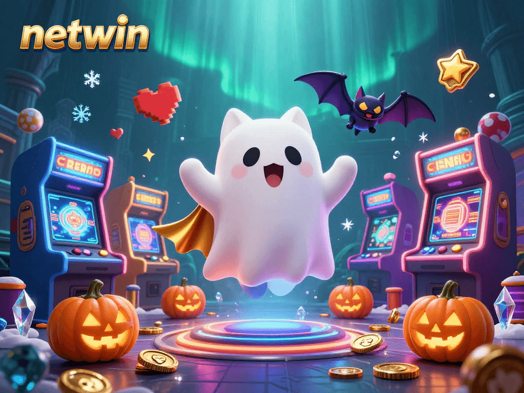 Immerse in the thrilling atmosphere of netwin with a ghost cat and vampire bat in a vibrant casino.