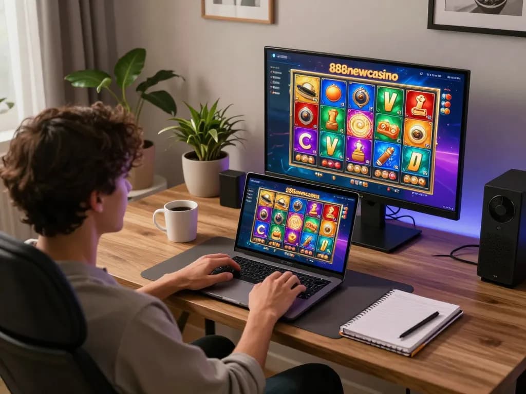 Engaging gameplay experience at 888newcasino on a stylish home setup with winning slots visible