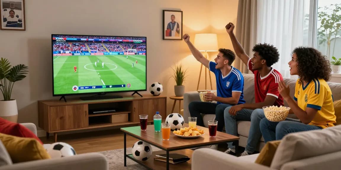 Excited group watching مباريات كأس العالم 2026 in a cozy living room.