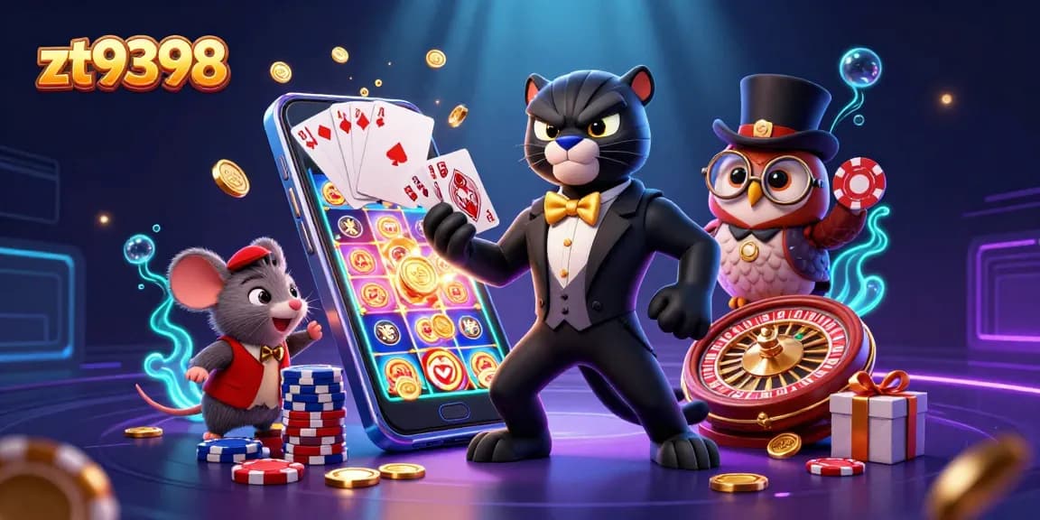 Engage with zt9398 for an electrifying casino experience featuring a stylish panther and vibrant gaming elements.
