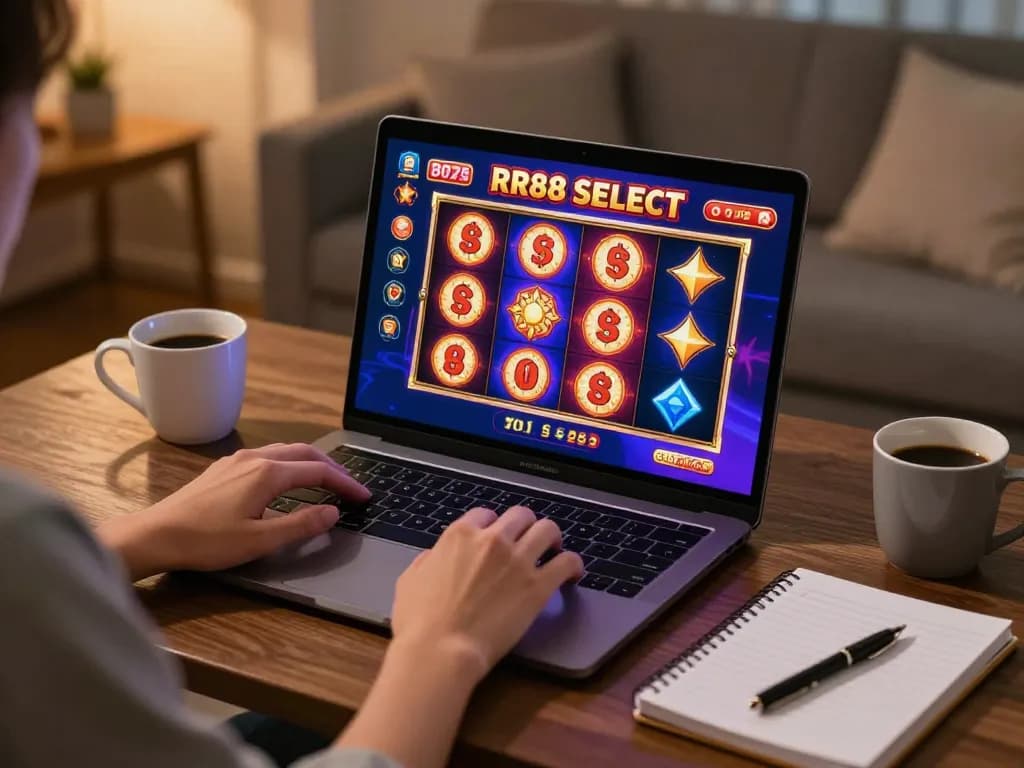 Player enjoying RR88 SELECT slots on a laptop in a cozy home environment with responsible gaming elements.