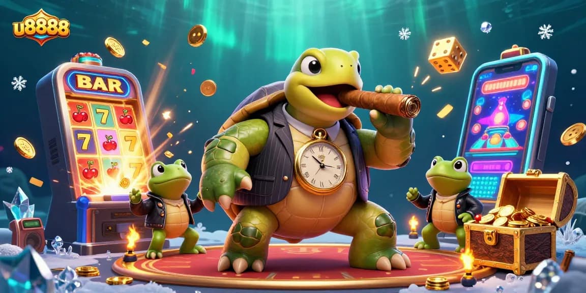 Experience thrilling moments at u8888 casino with a vivid illustration of lively characters and dynamic slot action.