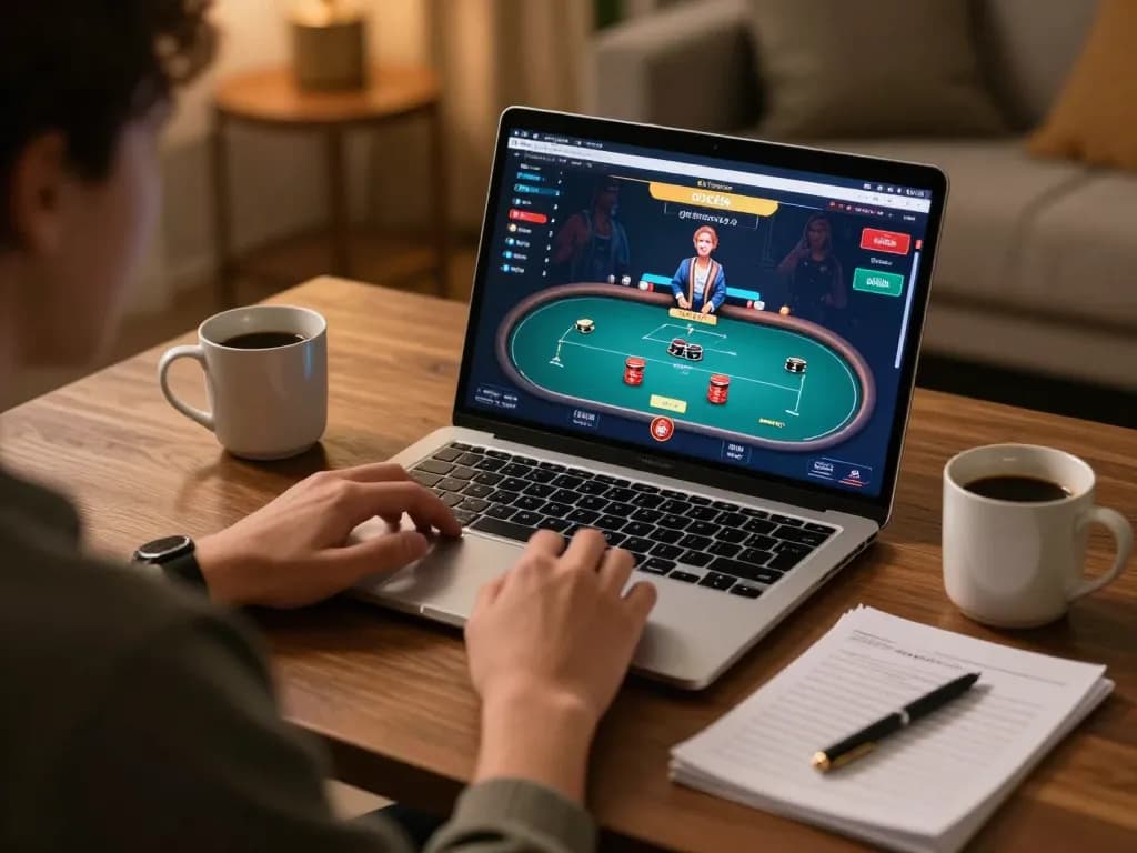 Engaging in online poker gameplay at KK55, showcasing a cozy home setup with strategy notes.