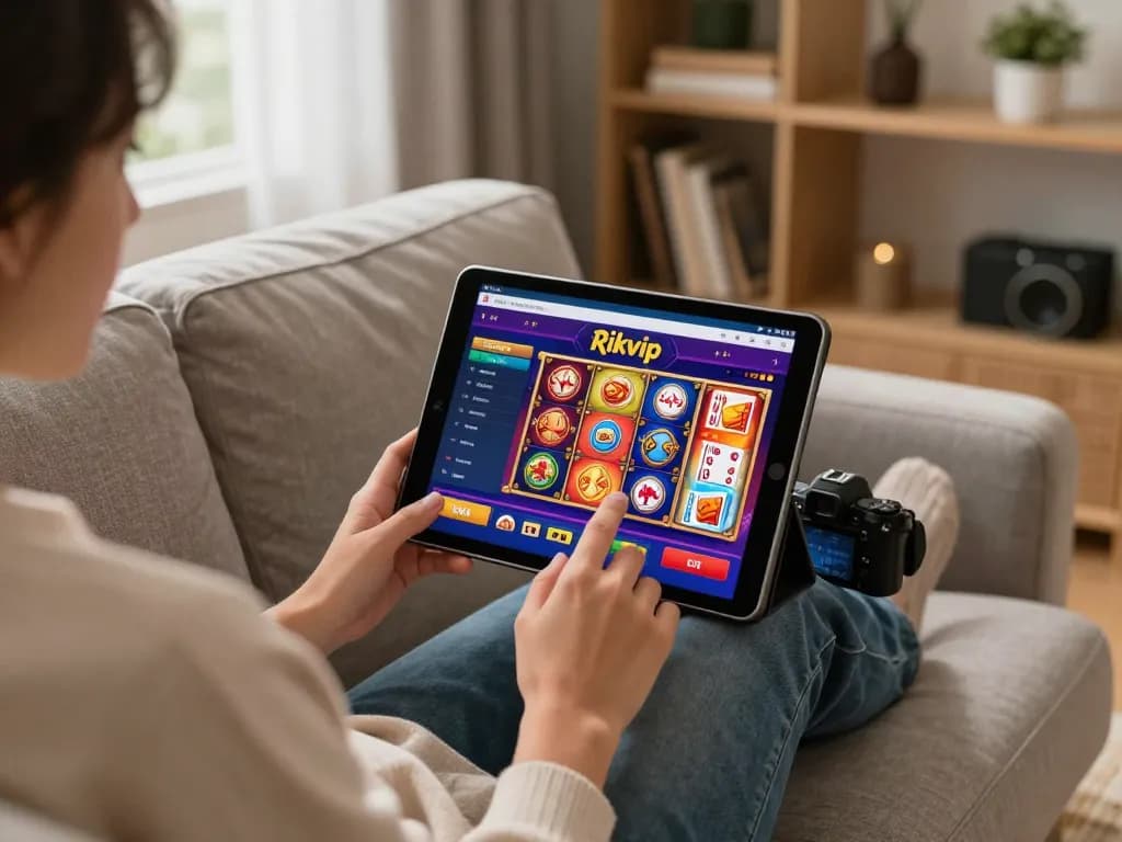 Player engaging with rikvip online casino interface on a tablet in a cozy home setting, showcasing responsible gambling.