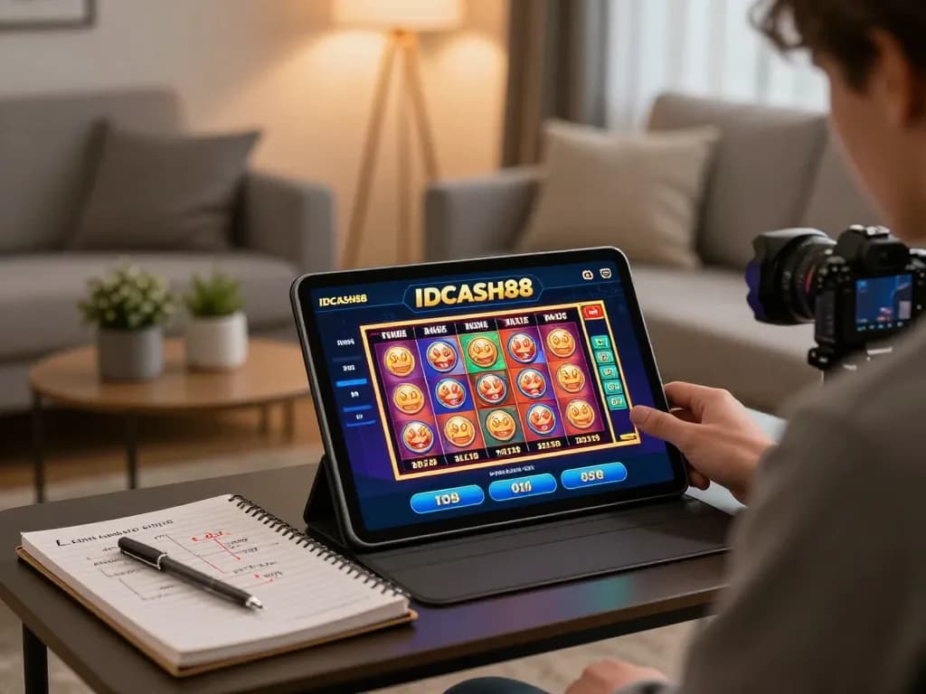 Engaging with IDCASH88 casino app on tablet during cozy home gaming session.
