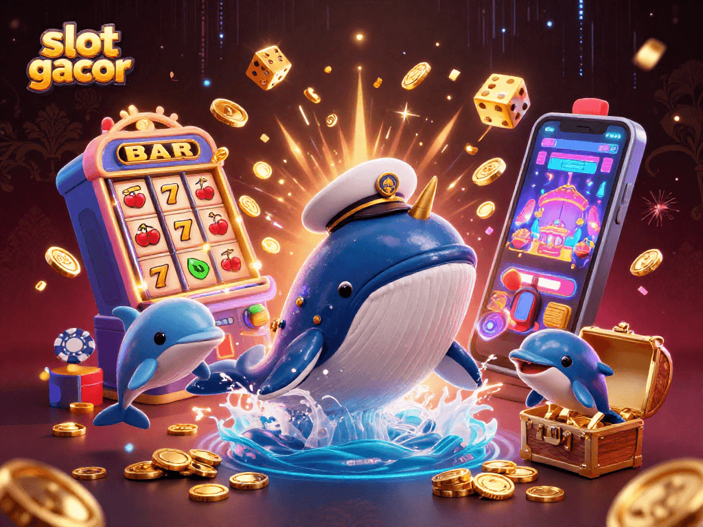 Play adventurous slot gacor gameplay with characters interacting with coins and casino elements.
