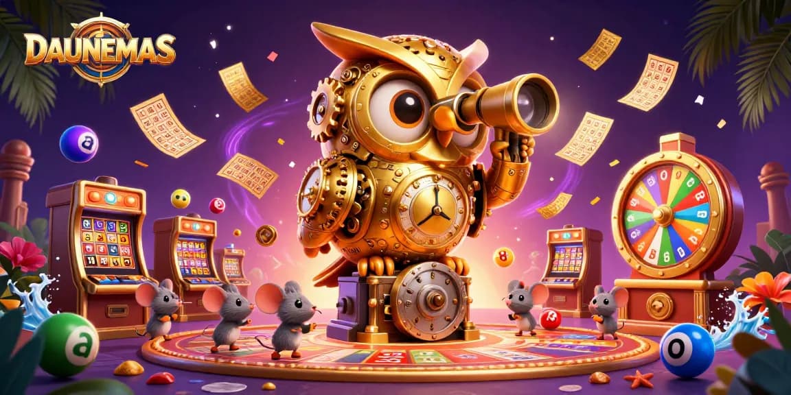 Engage with DAUNEMAS in this vibrant casino scene filled with game elements and lively characters.