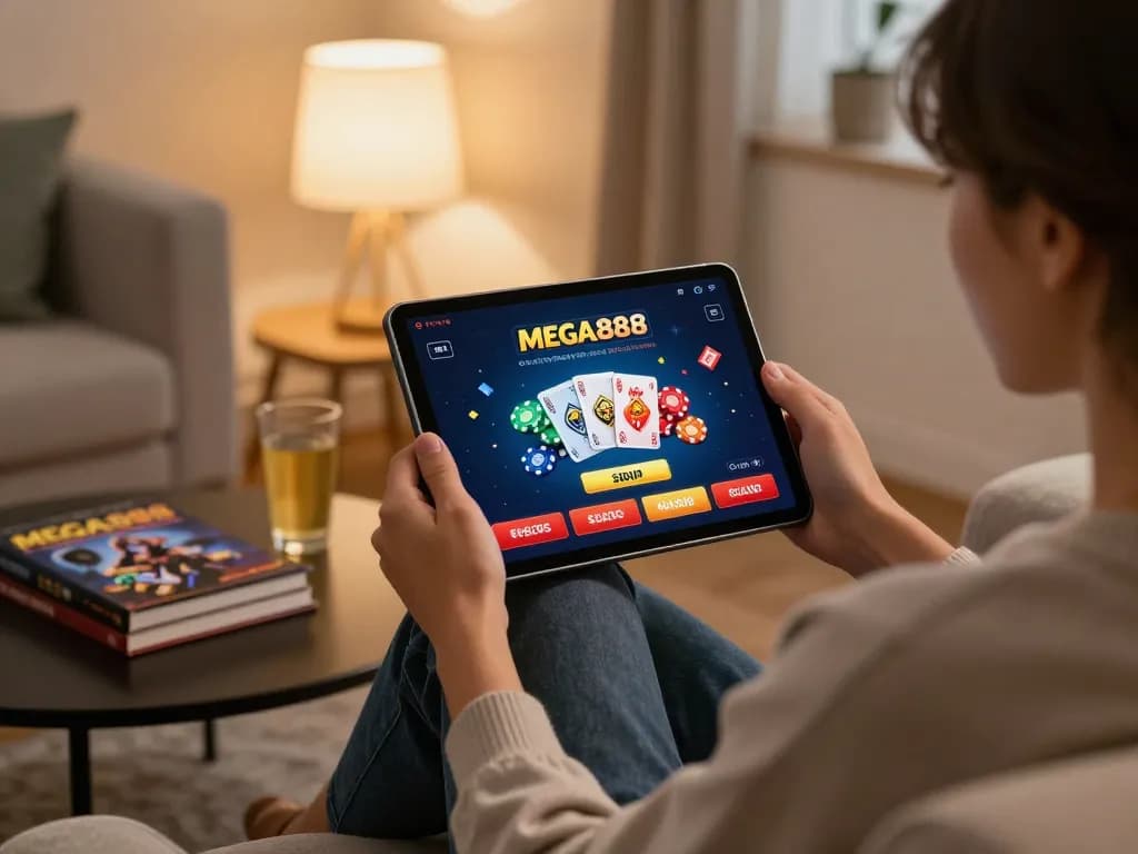 Engaging scene of a player using the MEGA888 app on a tablet at home to enhance gaming strategy.