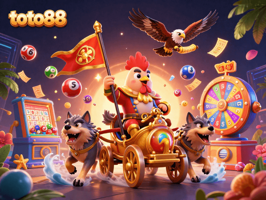 Experience thrilling toto88 action with a golden war chariot, fierce wolves, and vibrant lottery elements.
