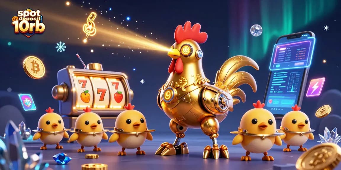 Engage with the exciting slot deposit 10rb online game featuring a golden rooster robot and dynamic casino elements.