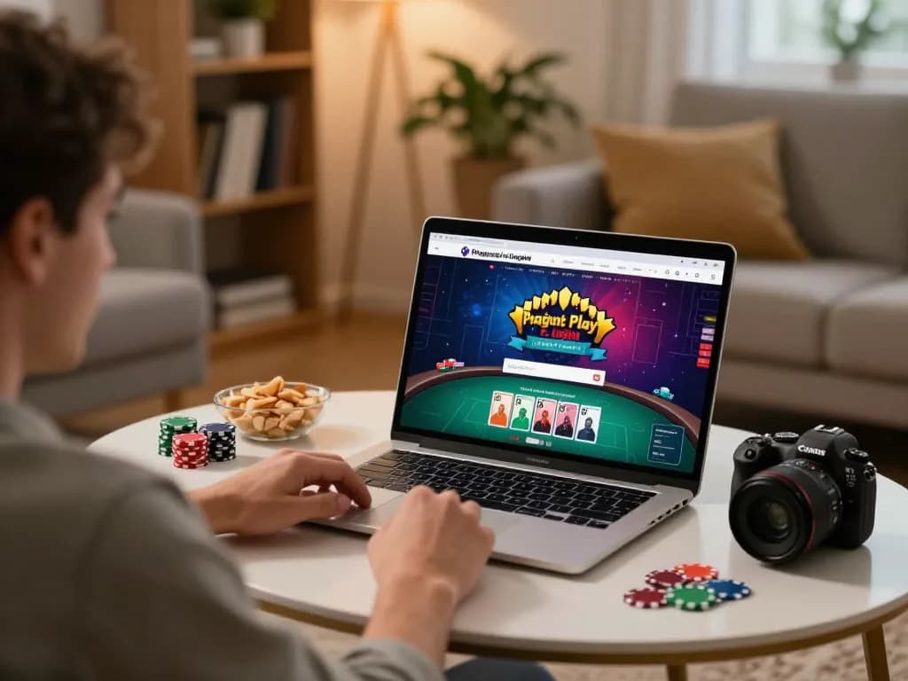 Log in to Pragmatic Play via a laptop while enjoying an online poker game at home.