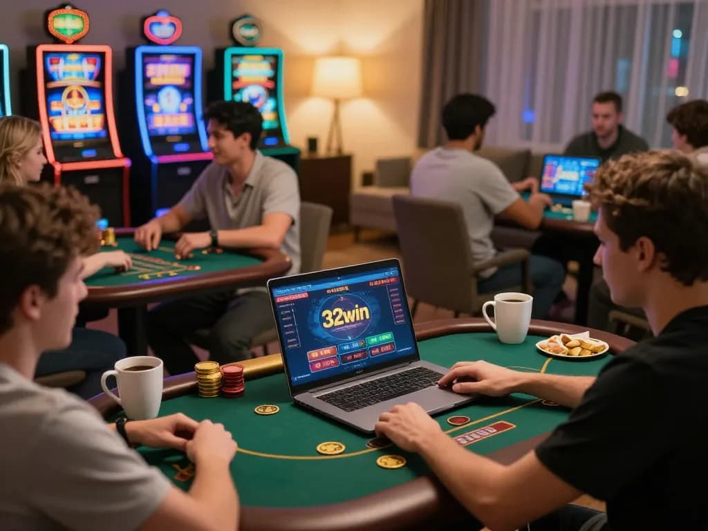Engaged players enjoying an exciting 32win online gambling experience at home.