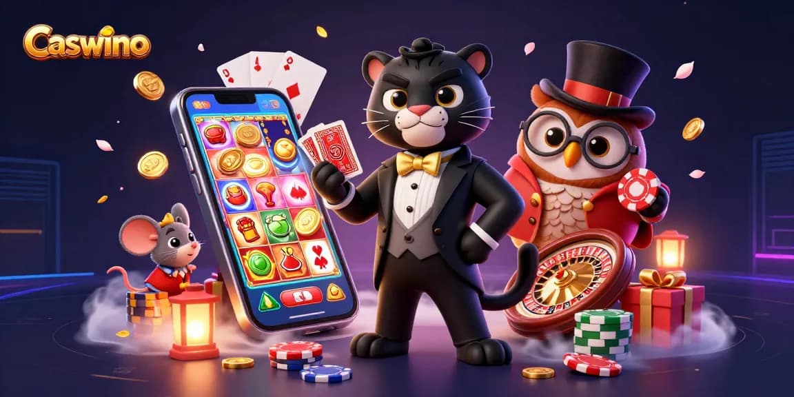 Caswino casino scene featuring a stylish panther and an owl playing cards, surrounded by vibrant gambling elements.