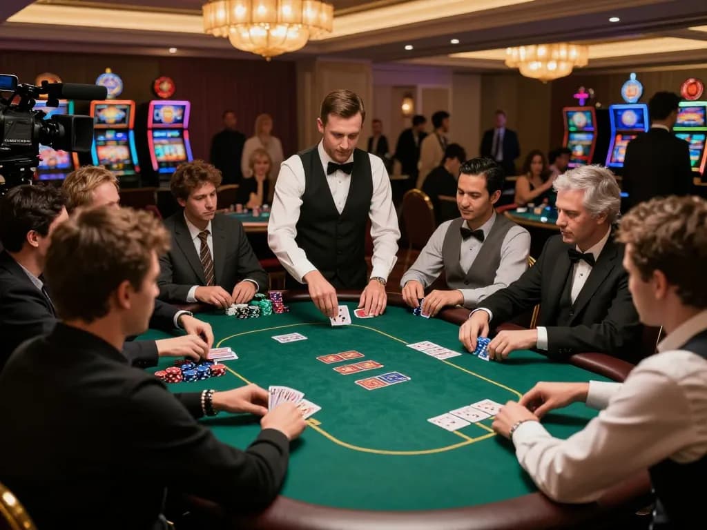 Players at TG88 engaged in intense high-stakes poker game in an upscale casino.