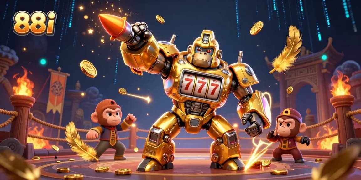 Experience the thrilling action of 88i with a golden gorilla mech surrounded by dynamic casino elements.