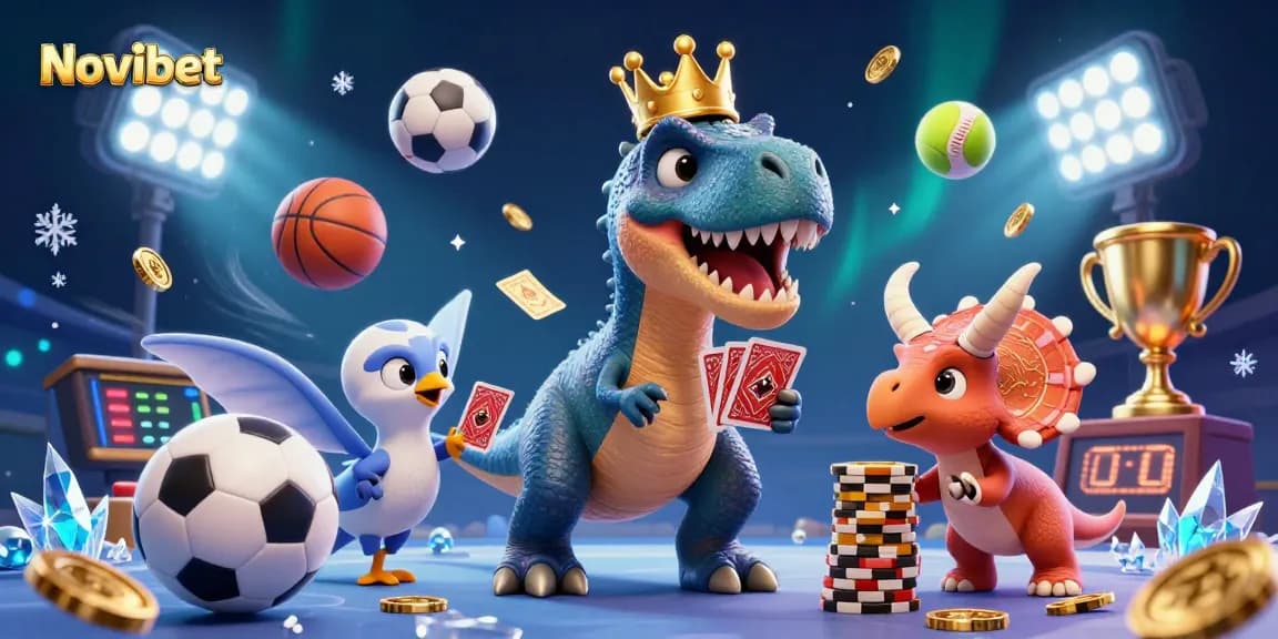 Experience thrilling gameplay with Novibet through a vivid 3D cartoon scene featuring engaging characters and dynamic sports elements.