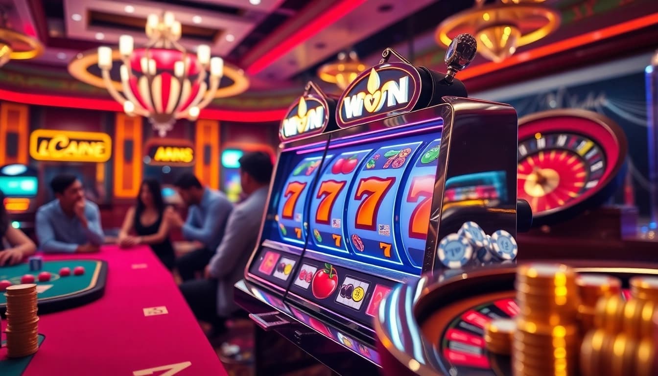 Excited players enjoy the thrill of the IDN slot machine in a vibrant casino atmosphere.