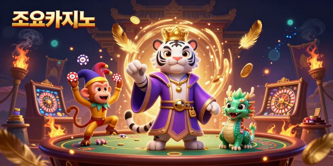 Experience the thrill of 조이카지노 with dynamic casino elements and cartoon characters in a vibrant 3D scene.