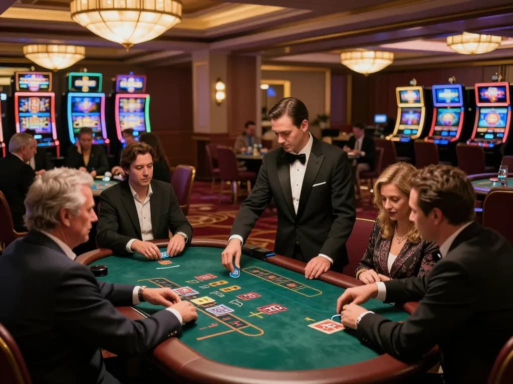 Players engaging in blackjack at upscale casino tables, enriching sc88seo gaming experience with vibrant atmosphere.