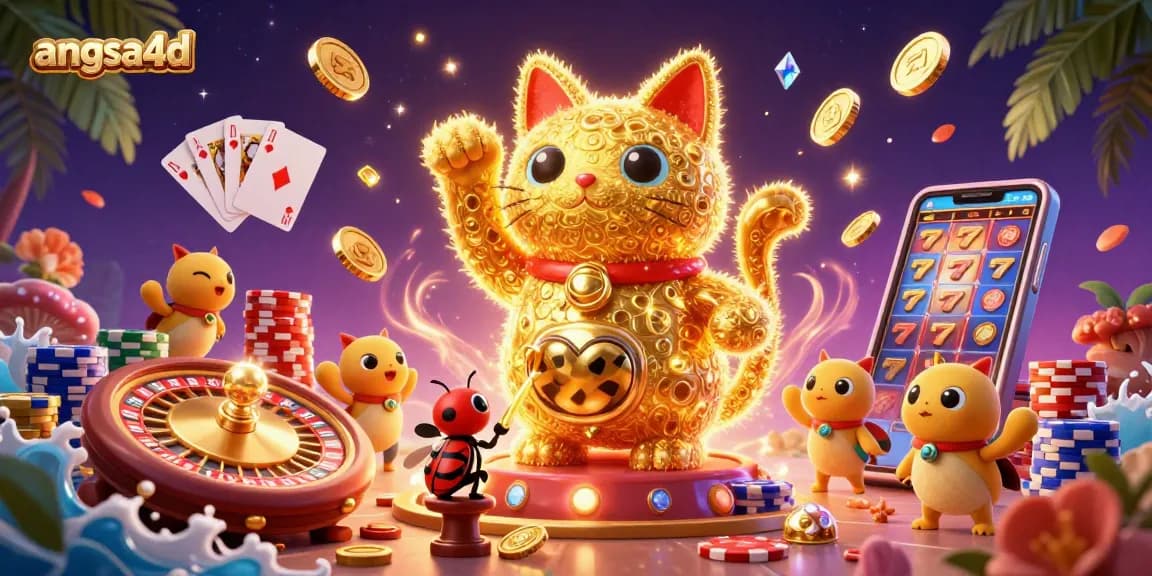 Engage with the vibrant angsa4d casino experience illustrated through a dynamic lucky cat and golden elements.