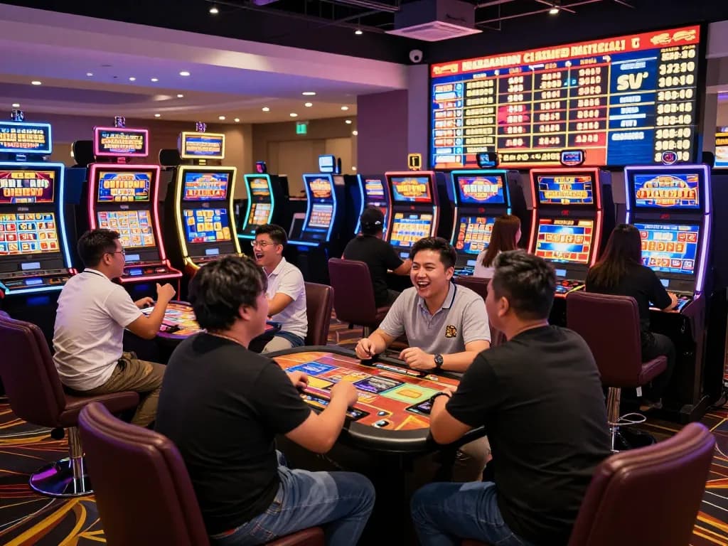 Exciting gaming scene with players at situs gacor slot machines in a vibrant casino atmosphere.