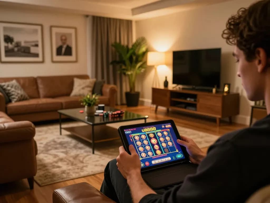 Engaging scene with a player gaming on u8888 in a modern living room setting, showcasing online gambling experience.