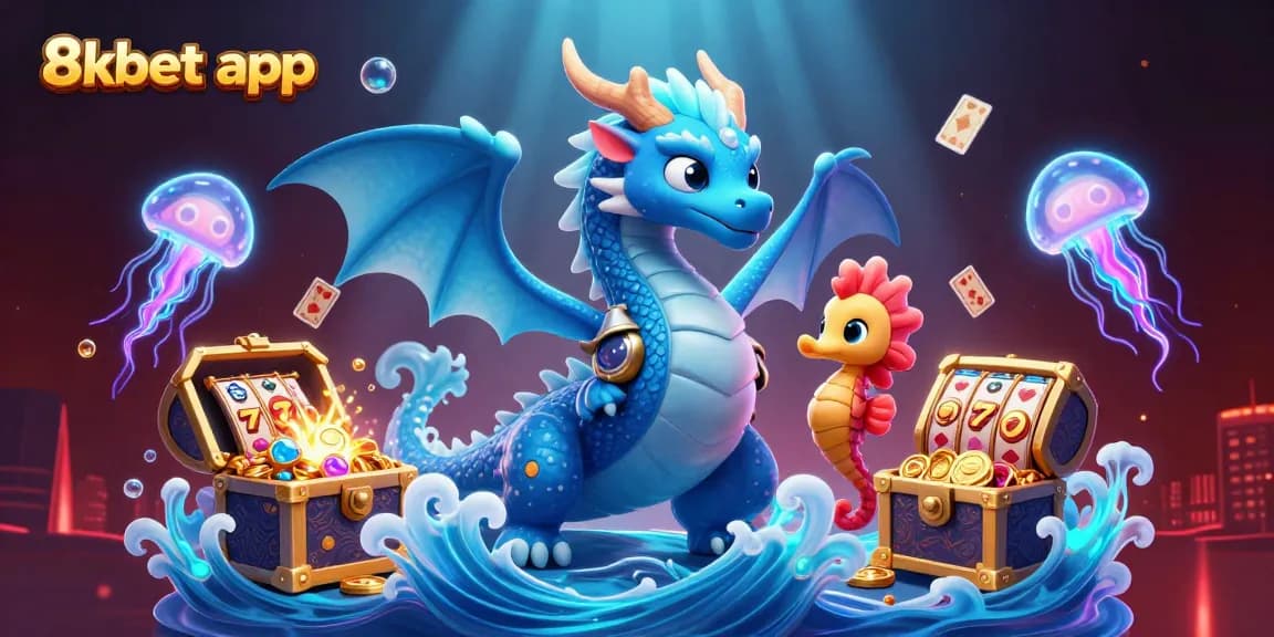 Engage with the vibrant 8xbet app, featuring dynamic scenes of an ocean dragon amidst casino treasures and elements.