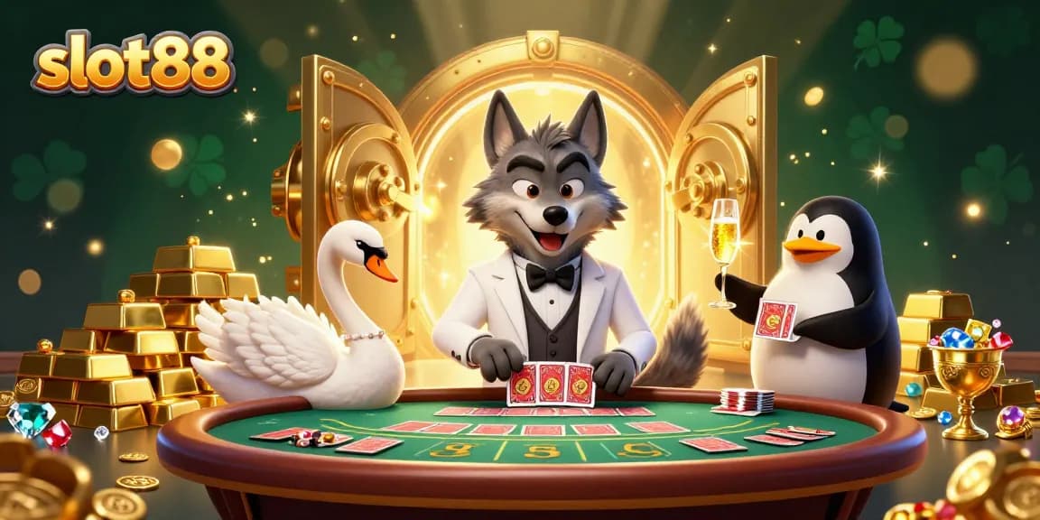 Menangkan jackpot dengan slot88 di kasino bergaya, gulungan, dan simbol beruntung berkilauan.