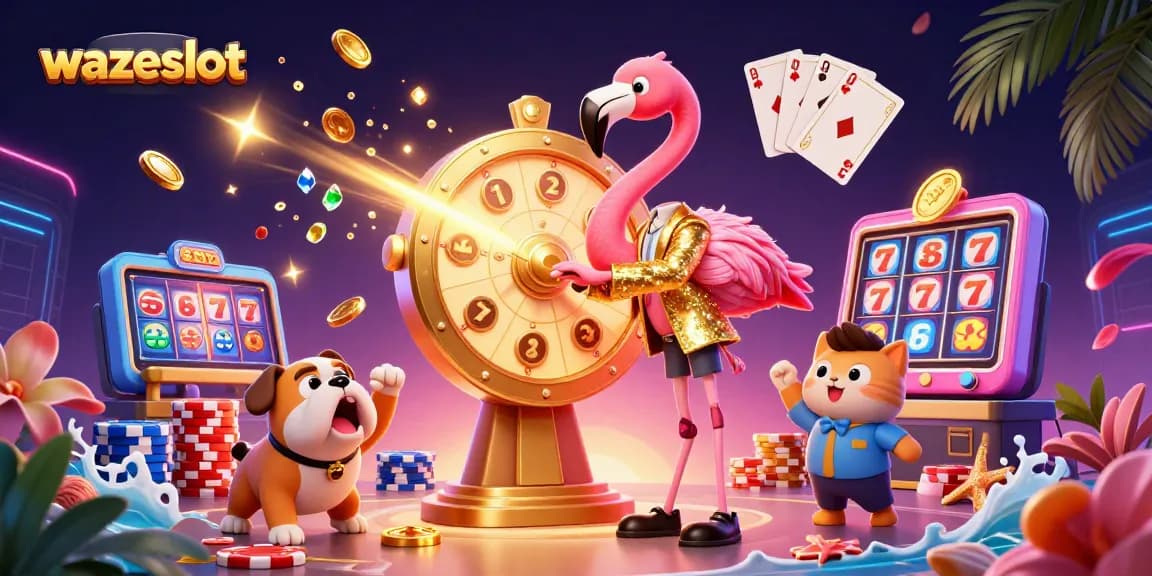 Engage with wazeslot and spin the prize wheel in this immersive 3D casino illustration filled with excitement.