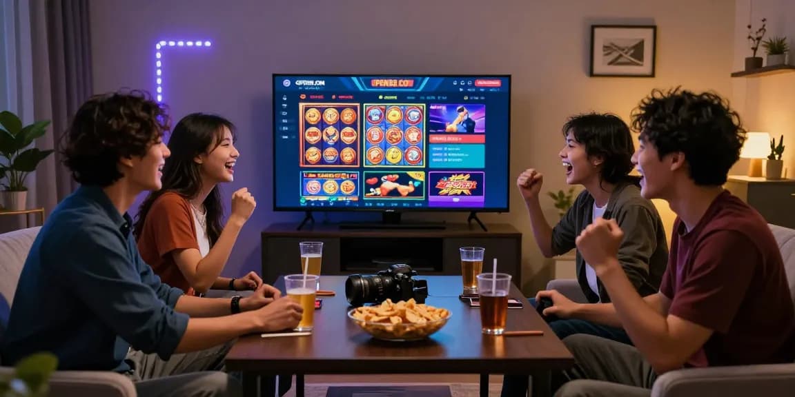 Friends enjoying online gaming at OPEN88.COM in a cozy living room, showcasing excitement and entertainment.
