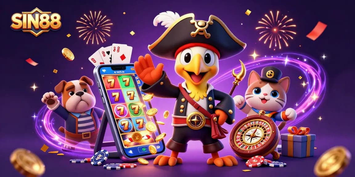 SIN88 pirates celebrate vibrant casino action with slots, coins, and cards in a thrilling adventure.