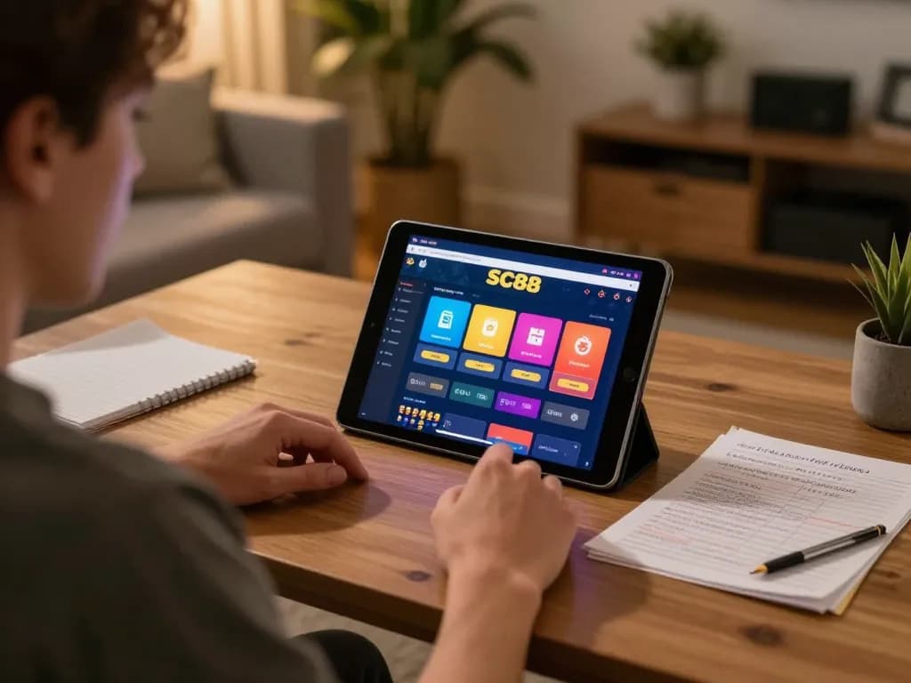 Player engaging with SC88 online casino interface on tablet, showcasing gaming strategy in a relaxed home atmosphere.