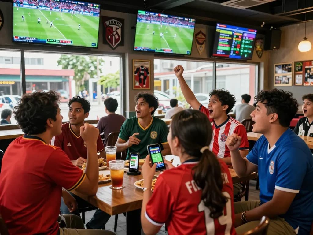 Friends enjoying a lively Judi Bola betting experience in a vibrant sports bar.