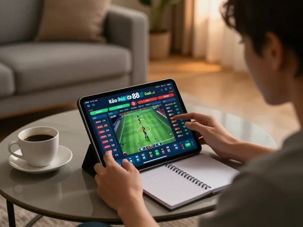 Kèo nhà cái 88 betting screen viewed on tablet at home, showcasing live odds and strategy notes.