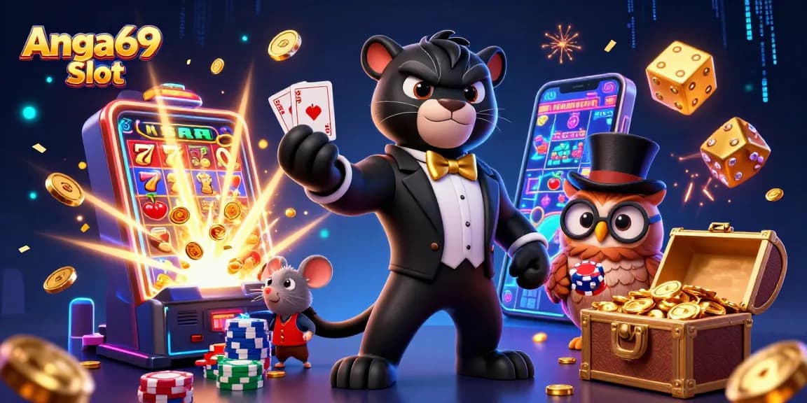 Spin the reels at Angka69 Slot featuring a stylish panther and lucky characters in a vibrant casino scene.