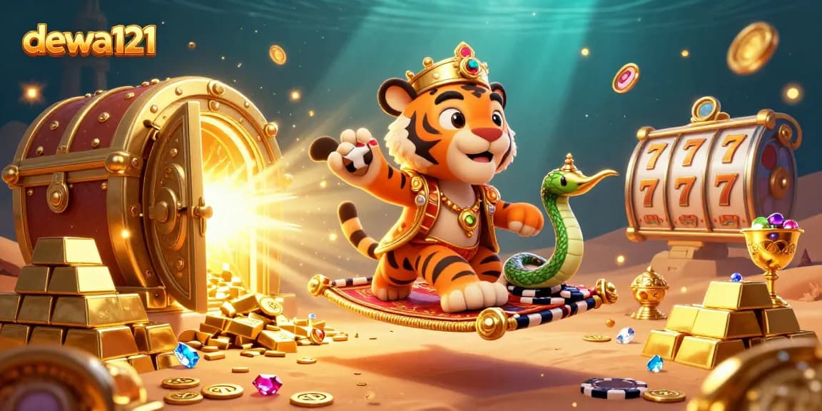 Rasakan momen kemenangan dengan suasana permainan kartun cerah dewa121 yang menampilkan harta dan elemen slot.
