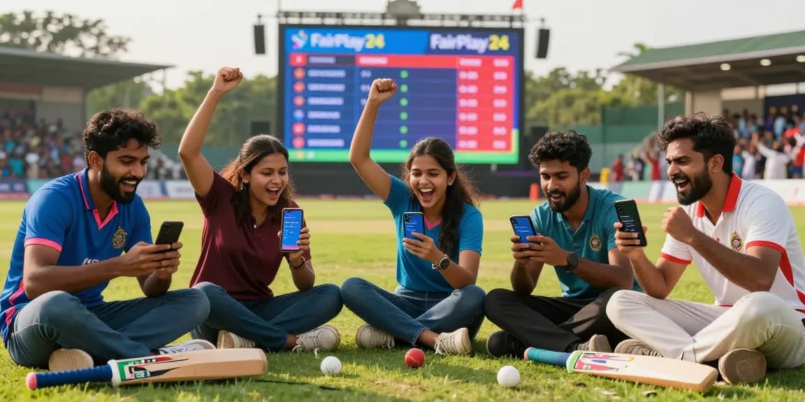 Excited fans engaging in live cricket betting on Fairplay24 during a match.