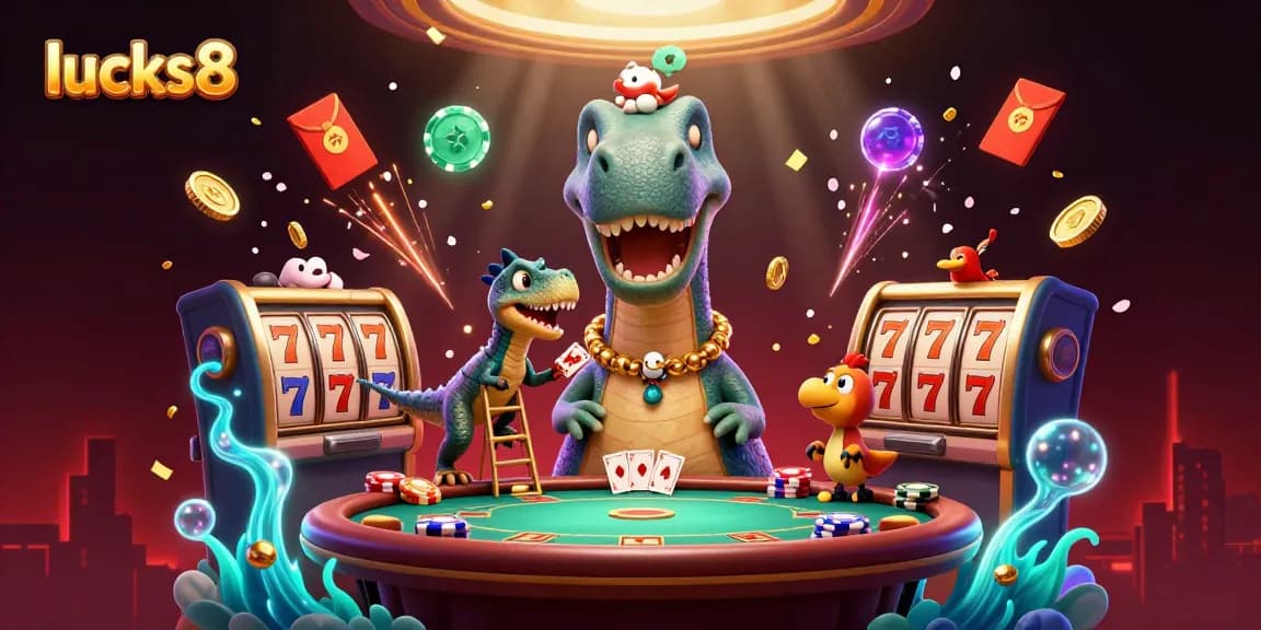 Win big with lucks8 at a dynamic casino scene featuring a brontosaurus and raptor.