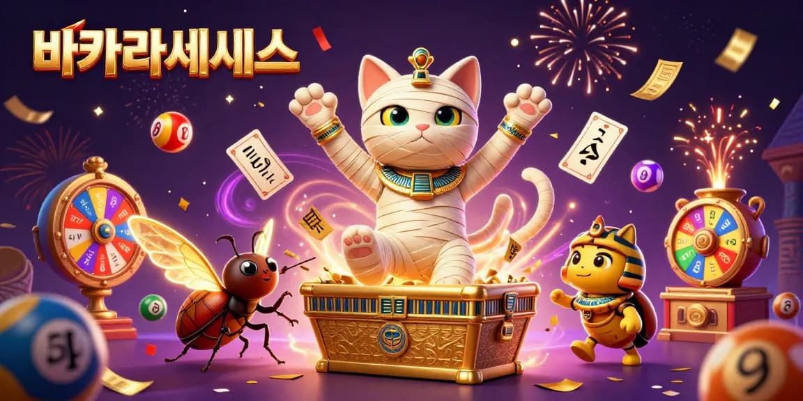 바카라사이트에서 판을 뒤집어 게임을 즐기는 재미있는 고양이 캐릭터와 함께 많은 상징과 요소가 있는 장면