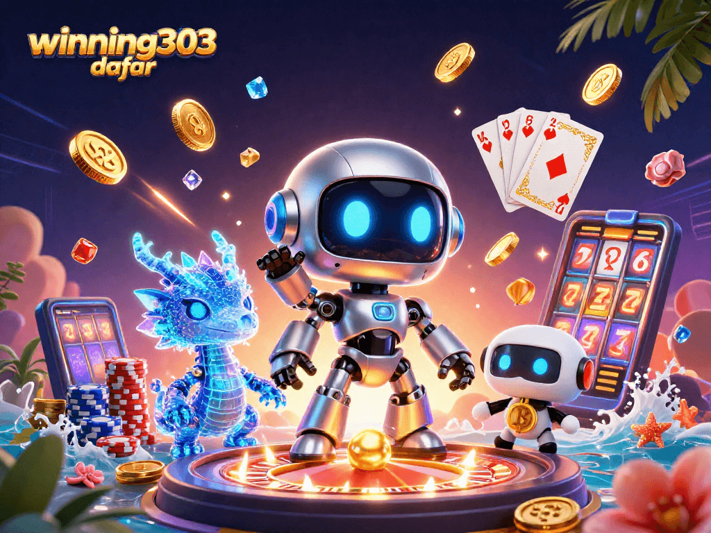 Participate in winning303 daftar with a vibrant scene showcasing gaming action, neon visuals, and lively casino elements.