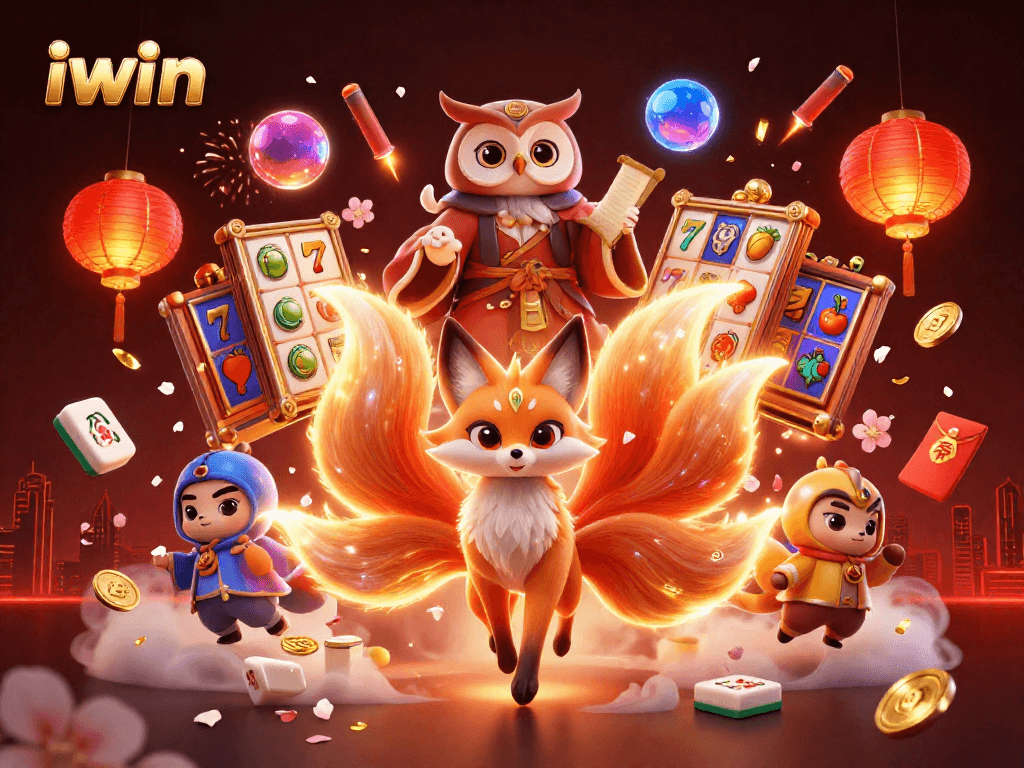 iwin showcases a vibrant scene with a nine-tailed fox, owl sage, and slot symbols, evoking joyous gaming moments.