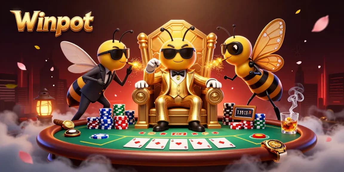 Winpot showcases a vibrant scene with a bumblebee mob boss and poker elements, reflecting the excitement of gambling.