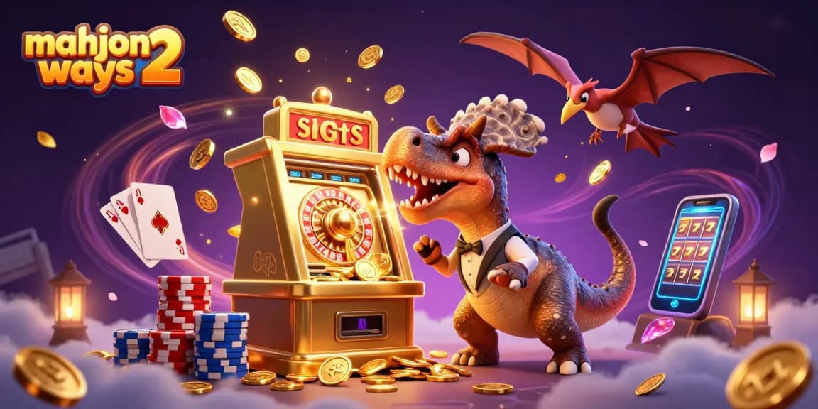 Win big with mahjong ways 2 as a dinosaur celebrates a jackpot payout in this vibrant casino scene.