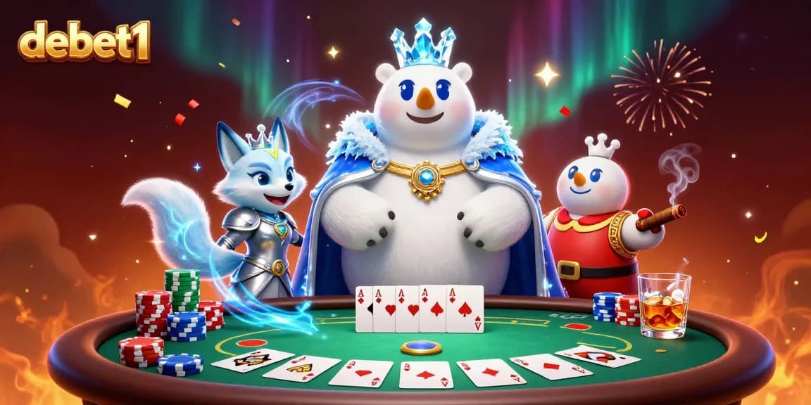Experience debet1's lively poker scene with a polar bear king and fox hero, bursting with color.
