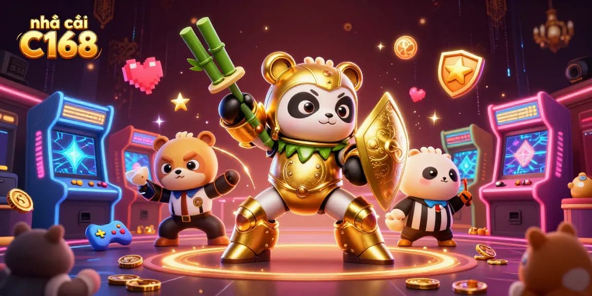 Play exciting games at nhà cái C168 featuring a vibrant 3D casino arena filled with colorful elements.